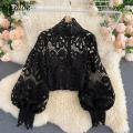 Neploe Lace Sexy Hollow Out Stand Collar Shirt Solid Color 2021 All-match Zip Femme Blusas Chic Lantern Sleeve Women Blouses