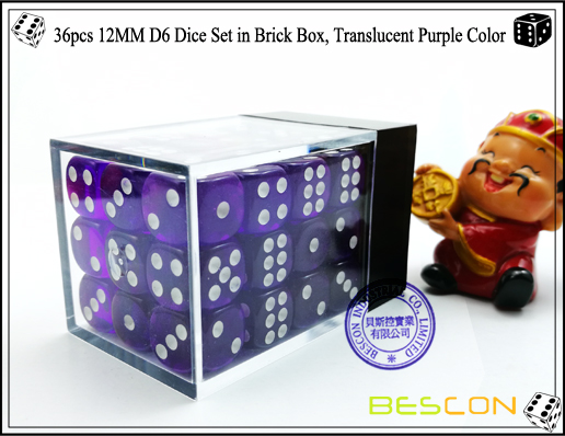 36pcs 12MM D6 Dice Set in Brick Box, Translucent Purple Color-3