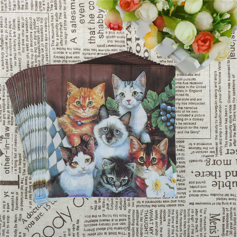20sheet/bag Cartoon Disposable Napkin Cat Print Serviettes paper Party Tableware Decor 33cmx33cm