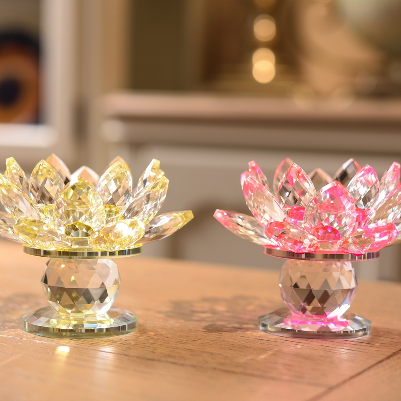 3 Style Crystal Glass Lotus Flower Candle Tea Light Holder Buddhist Candlestick Home Decoration(8 Colors Select)
