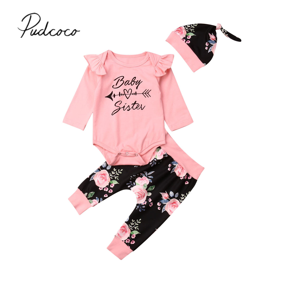 2019 Baby Autumn Winter Clothing Newborn Baby Girls Clothes Letter Romper Jumpsuit + Floral Pants Leggings 3pcs Outfit Set 0-24M