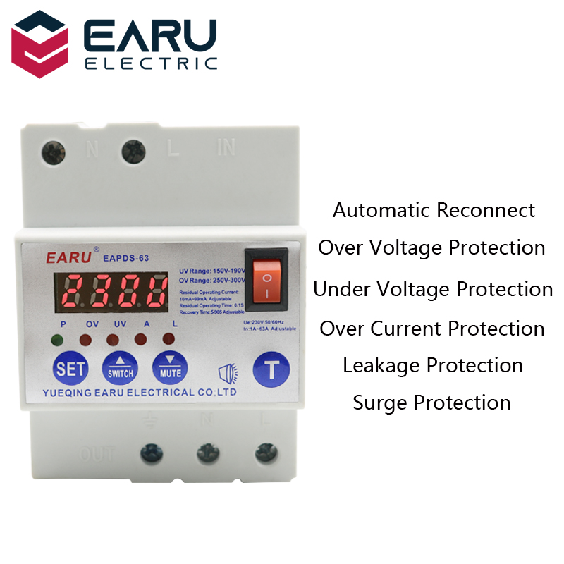 63A Automatic Reconnect Circuit Breaker With Over Voltage Under Voltage Over Current Leakage Protection Surge Protection Relay