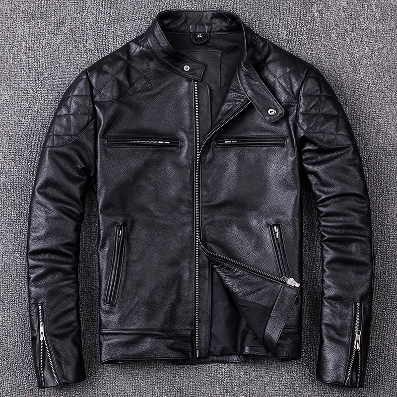 Plus Size 5XL 100% Cowhide Jacket Men Autumn Real Leather Motorcycle Biker Mens Jackets Stand Collar Short Genuine Leather Coat