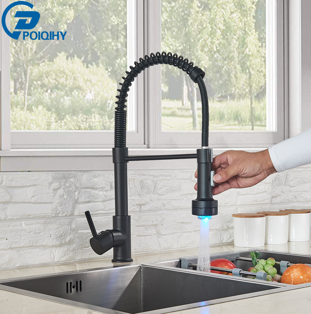 POIQIHY LED Light Kitchen Faucet Matte Black SPring Pull Down Bathroom Mixer Tap Single Handle Brushed Nickel Cold Hot Water Tap