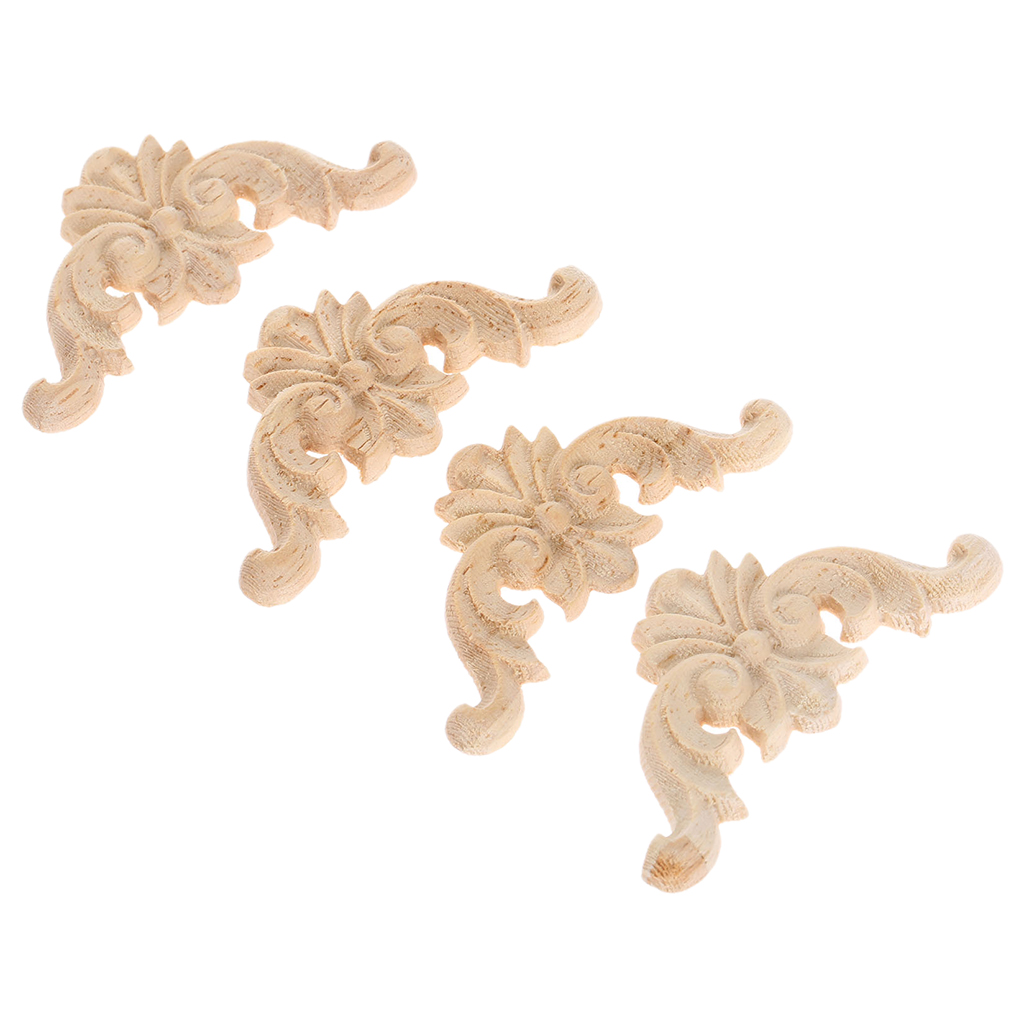 5pcs Floral Carved Decal Wood Sculpture Corner Appliques Furniture Wooden Wall Decoration