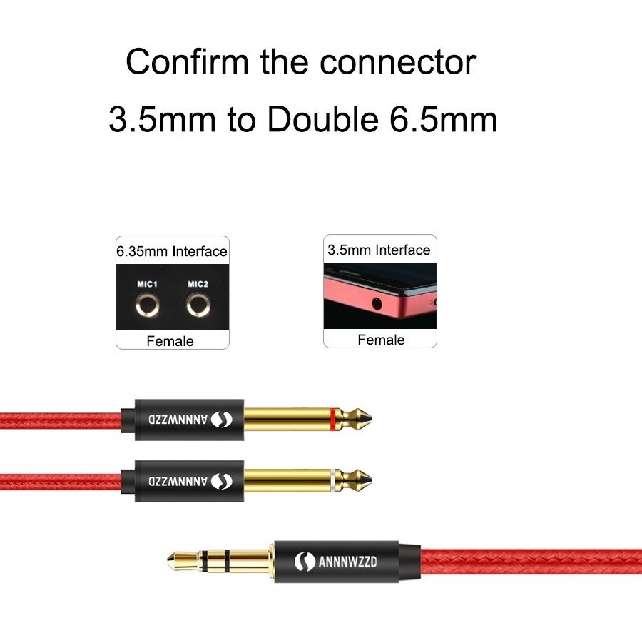 3.5mm to 6.3mm Mono Cable 1/4 to 1/8 Inch Male to Male Audio Splitter Cable Digital Interface Instrument Cable for Mixer Guitar