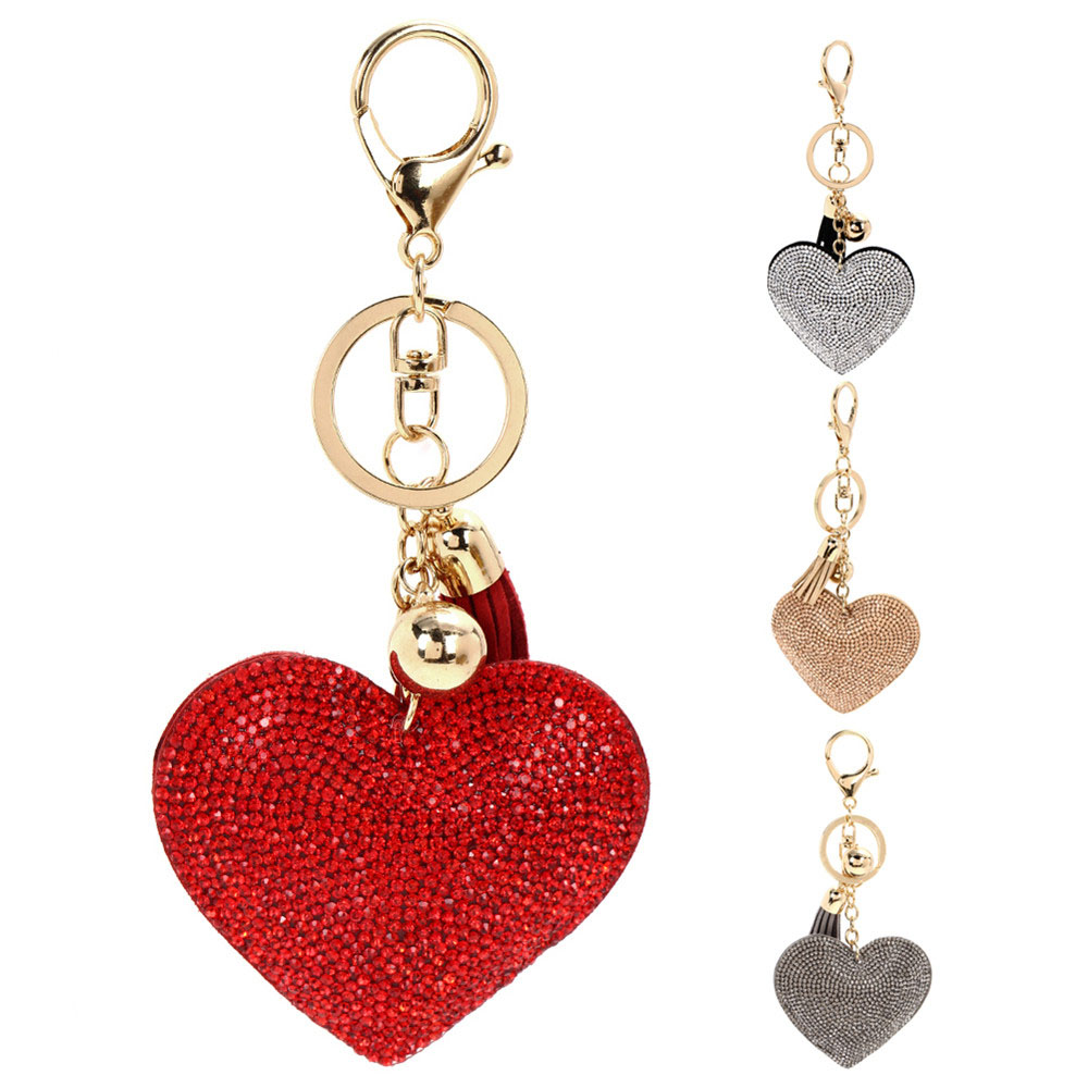 Love Heart Keychain Crystal Rhinestone Beads Key Ring Handbag Hanging Pendant Charms Long Tassel Golden Chain Bag Car Jewelry