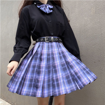 [Romantic Athanasy] Long/Short Sleeve Stundent Lady Girls High Waist Plaid Pleated Skirts JK School Uniform Anime Clothes Black