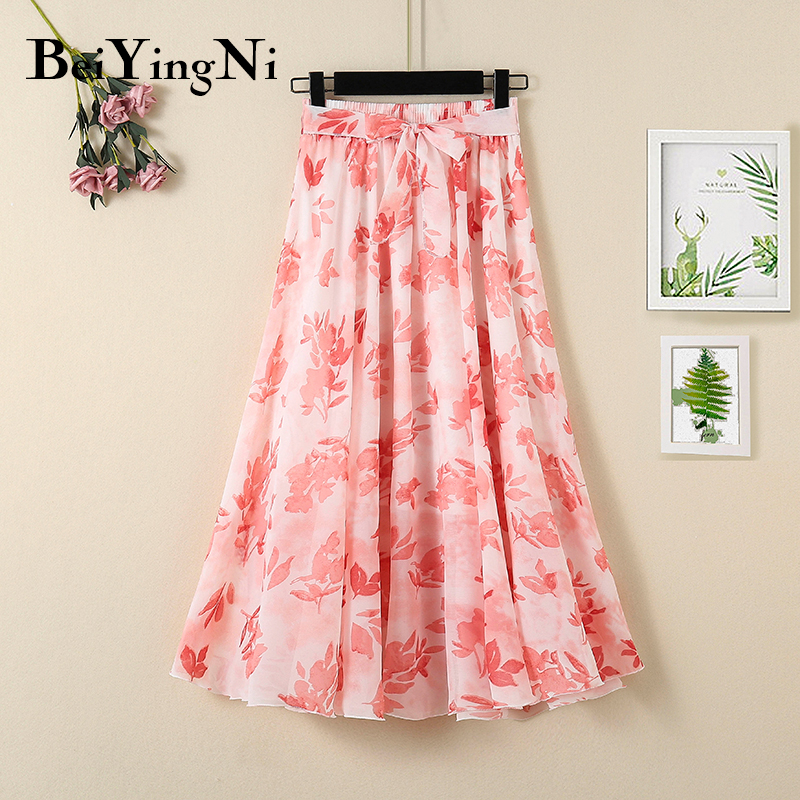 Beiyingni Casual Korean Boho Skirt Beach Chiffon Summer Sashes High Waist Long Maxi Bohemian Skirt Woman Floral Print Pleated