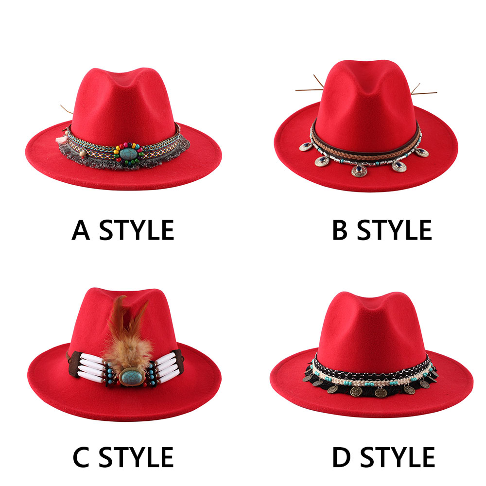 2020 New Men Women Wide Brim Wool Felt Fedora Panama Hat with Belt Buckle Jazz Trilby Cap Party Formal Top Hat In RED,black