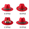 2020 New Men Women Wide Brim Wool Felt Fedora Panama Hat with Belt Buckle Jazz Trilby Cap Party Formal Top Hat In RED,black