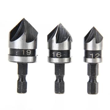 3Pcs 1/4 Hex Shank Countersink Drill Bit 90 Degree 5 Flute 12-19mm Woodworking Chamfer Counter Sink Chamfering Debur Tool Set