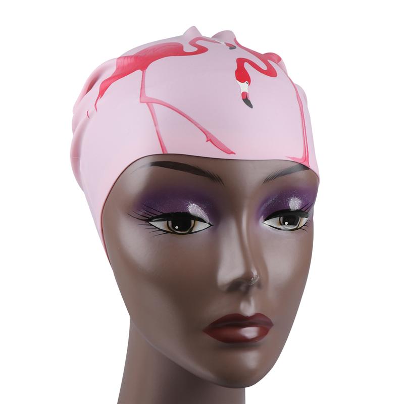 1PC Long Hair Waterproof Practical Ear Protection Flamingo Swimming Cap Silicone Cap Swim Pool Hat for Women Girls Female