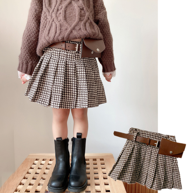 2020 Autumn and Winter New Girls Skirts Plaid Skirt with Belt A-line Skirt