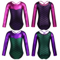 Kids Girls Long Sleeves Glittery Scales Printed Splice Ballet Dance Gymnastics Leotard One-Piece Swimsuit Girl Dance Wear