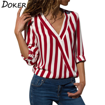 Women Striped Blouse V-neck Long Sleeve Blouses Shirts Casual Tops Work Wear Chiffon Shirt Plus Size Blusas Mujer De Moda 2020