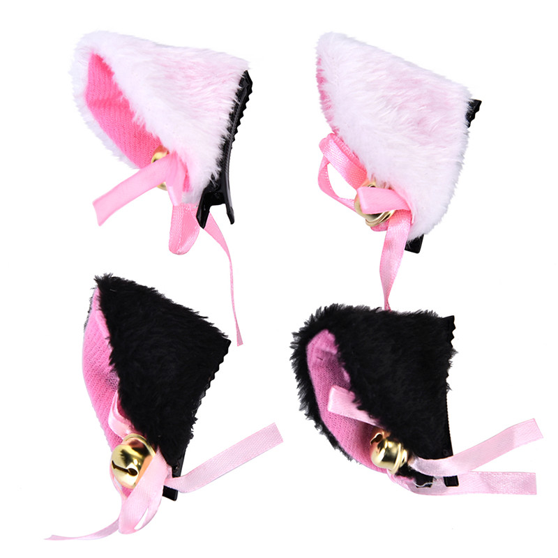 2Pcs/Lot White Black Cat Ears With Bell Hair Clip Cosplay Party Fox Long Fur Costume Hair Clip Halloween Gift Hair Accessory