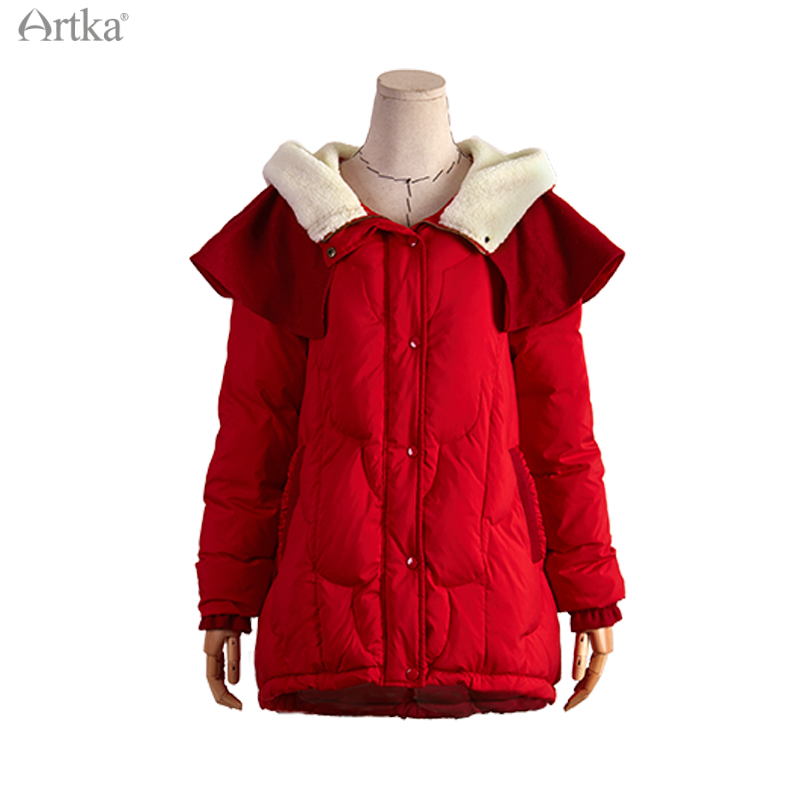 ARTKA 2020 Winter New Women Down Coat 90% White Duck Down Warm Outerwear Lambswool Witch Hooded Christmas Red Down Coat ZK10877D