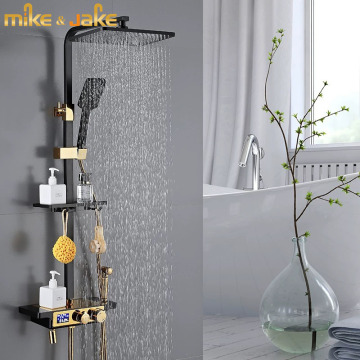 Luxury black and gold bathroom shower set rainfall gold black bath shower faucet digital shower thermostatic constant shower