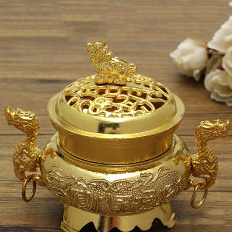 Alloy Incense Burner Double Dragon Style Hollow Cap Censer Cone Holder Decor Vintage Color Stylish Design Teahouse Ornament