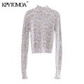 KPYTOMOA Women 2020 Fashion Printed Knitted Sweater Vintage High Collar Long Sleeve Female Pullovers Chic Tops
