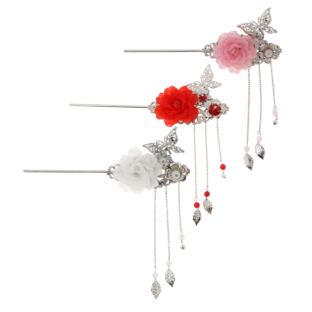 Retro Floral Metal Hair Stick Pin Tassel Chignon Geisha Kimono Cosplay Headwear