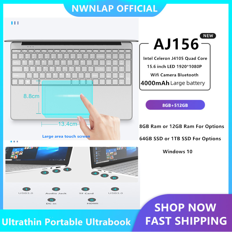 8GB RAM 512GB SSD 15.6" HD 1920*1080P Intel Celeron J4105 CPU Game Laptop Win 10 Notebook with Wifi Bluetooth