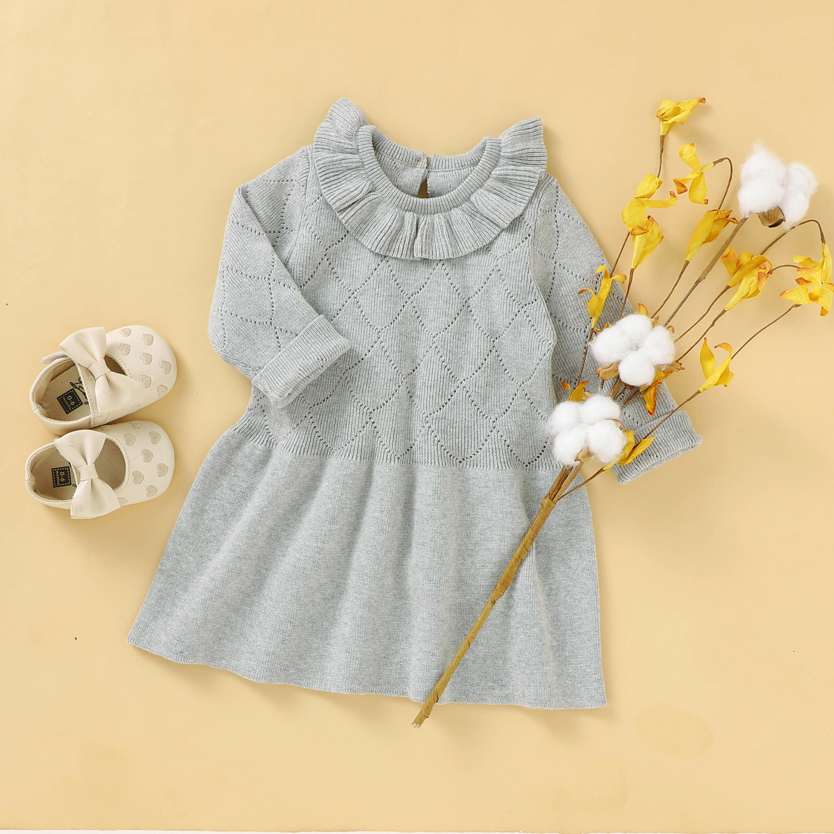 Infant Newborn Baby Girls Sweaters Dress Hollow Out Knitted Long Sleeve Ruffled Gown Solid Autumn Winter Dresses