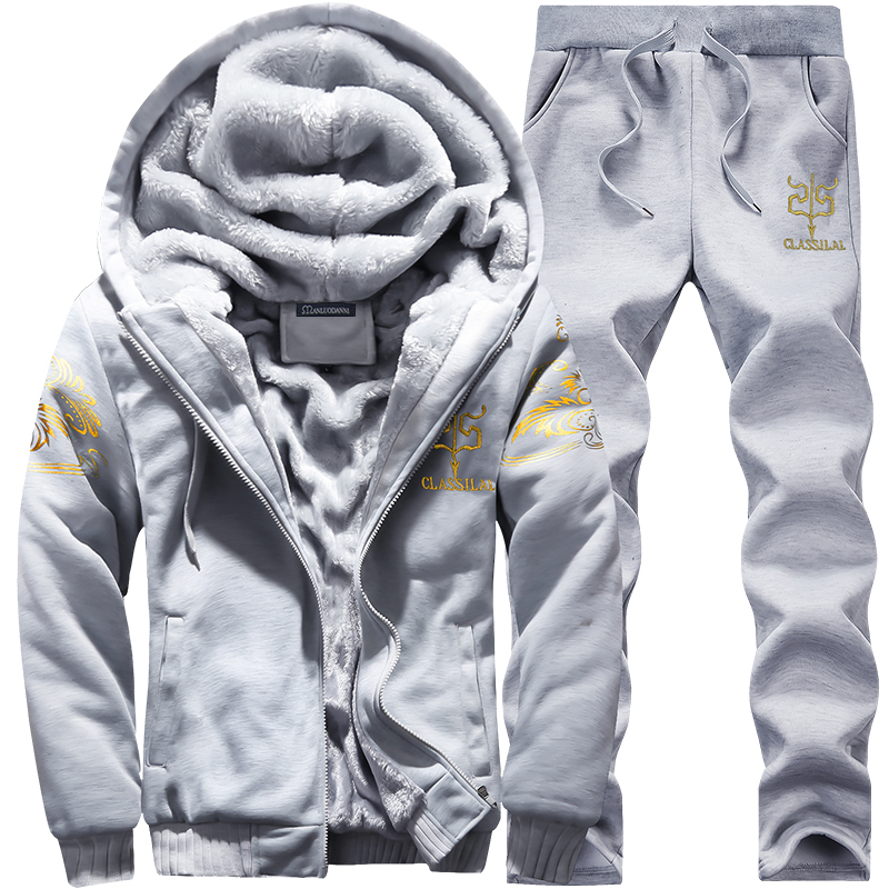 Winter Thick Inner Wool Hoodie Men Hat Casual Warm Suit Men Zipper Active Suits For Men Outwear + Pants Moletons Masculino 2019