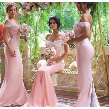Pink Lace Applique Sexy 2018 new Mermaid Long Bridesmaid Dresses Maid Of Honor For Wedding Party With Train plus size maxi 2-26w
