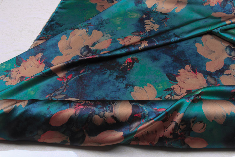 50cmx108cm Stretch Peacock Green Printed Crepe Satin Mulberry Silk Dress Fabric