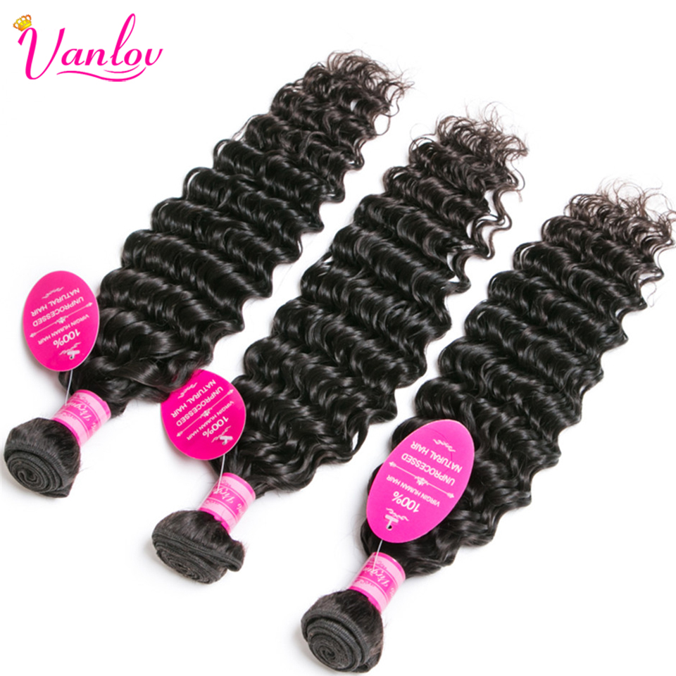 Vanlov Deep Wave Bundles With Closure Human Hair Peruvian Hair Weave 3 Bundles With Closure 1B#/1# Jet Black Remy Hair Extension