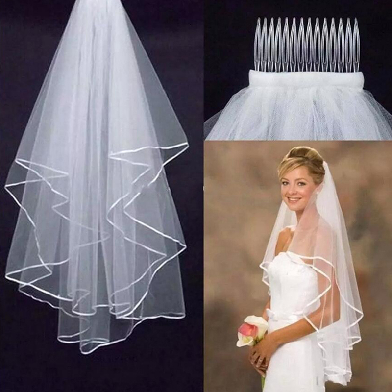 Women Short Tulle Bridal Veil With Comb Wedding Accessories Mariage Two Layers White Ivory Simple