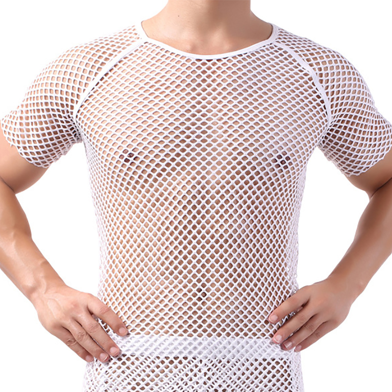 Men Undershirts Shorts Sleeve Hollow Out T-shirts Sexy Mesh Fishnet Shirts Sheer Slip Sleepwear Sports Causal Loose Top Camiseta