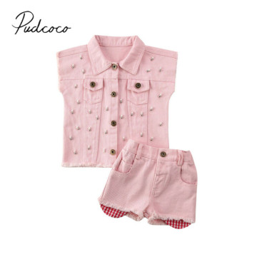 2020 Baby Summer Clothing 2PCS Infant Baby Girl Denim Clothes Pearl Vest Tops Waistcoat+Shorts Pants Outfit