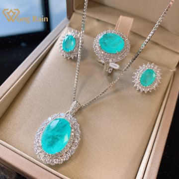 Wong Rain Vintage 925 Sterling Silver Paraiba Tourmaline Gemstone Pendant/Necklace/Earrings/Rings Cocktail Jewelry Set Wholesale