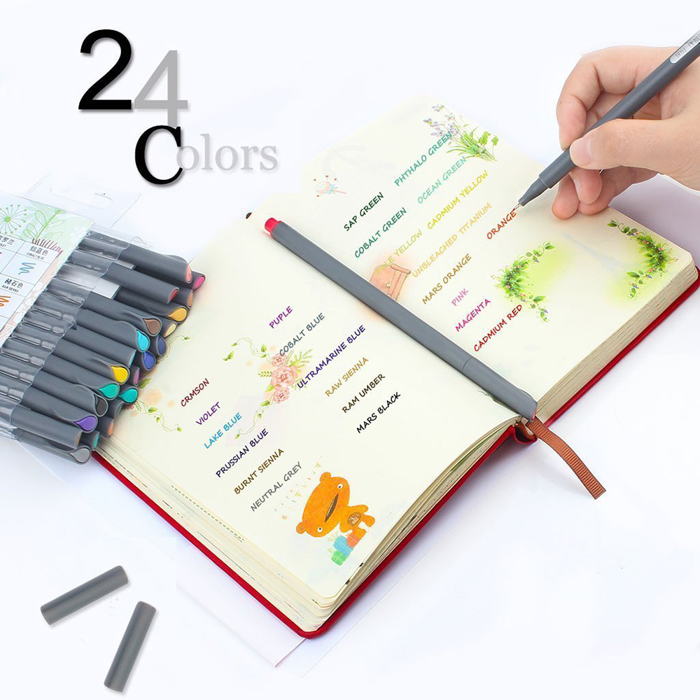 24 Colors Set 0.38 Hook mark pen Fineliner Pen Fine Line Point Colored Pens Art Water Based Assorted Ink Drawing