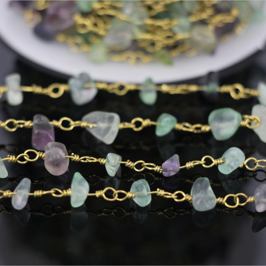 5Meter,Wholesale Nugget Fluorite Chip Beads Rosary Chain,Golden plated Brass Wire Wrapped Chains Necklace Jewelry Findings