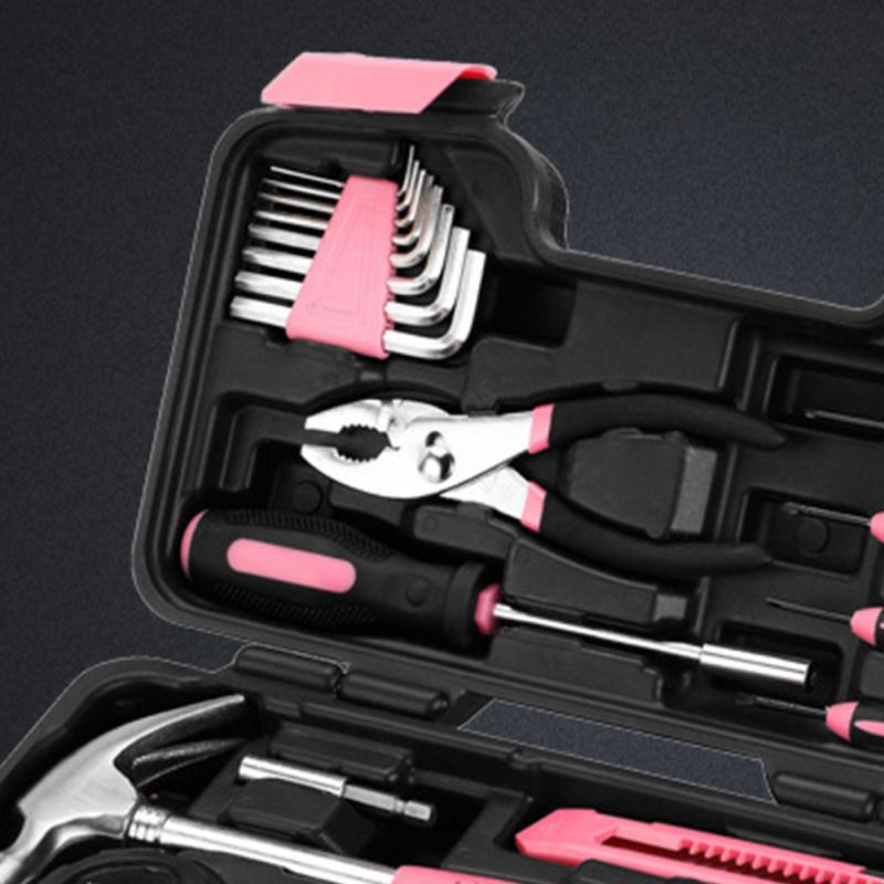 Pink 39 Piece DIY Household Home Hand Tool Set Kit Box With Hard Storage Case