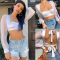 Women Ladies European stylish Strapless Blouse Shirt Backless Wrapped Chest Crop Tops Mesh Sheer Long Sleeve Club Casual Blusas