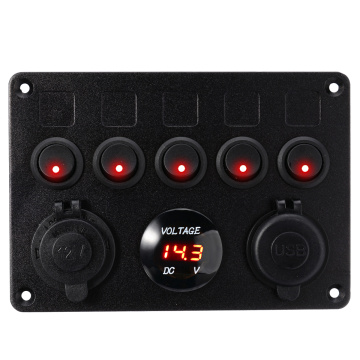 5 Gang Boat Switch Panel 12V Dual USB Socket 4.2A Circuit Breaker Toggle Switch Control LED Voltmeter For Car Boat Marine