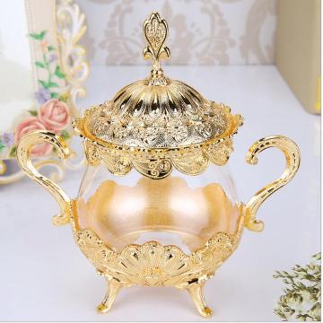 European gold/silver plated glass jars and lids glass container sugar bowl tea coffee sugar storage jars SNG001