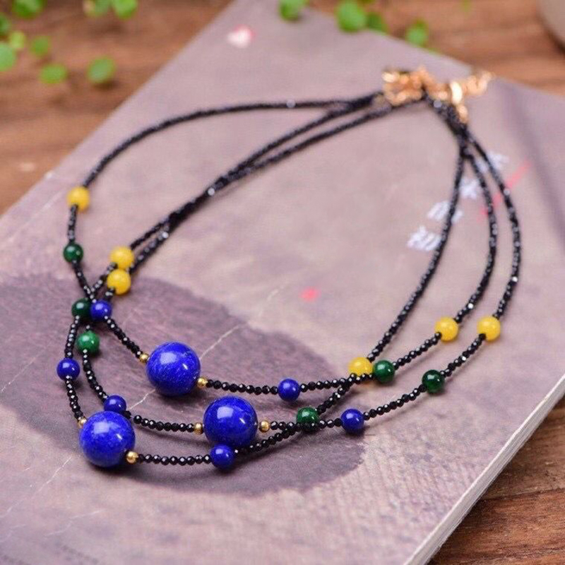 Wholesale Cut Face Black Stone Necklace Black Beads With Blue ore Stone Chain Crystal Fashion Clavicle chain Necklace Jewelry