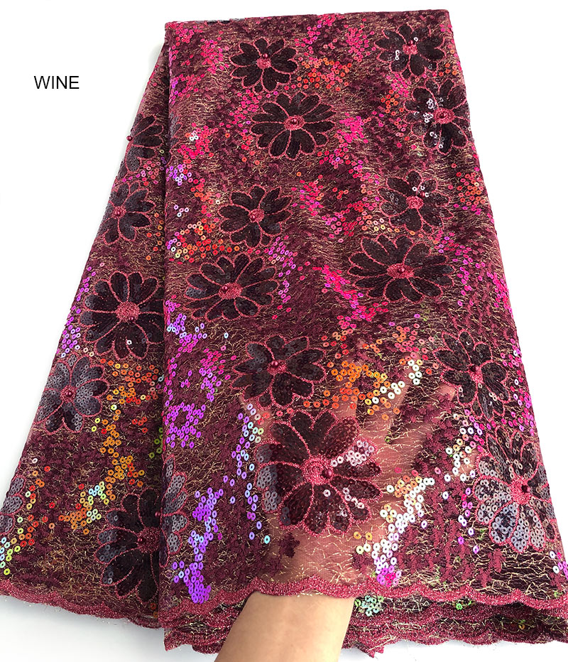 Massive shiny sequins floral embroidery tulle lace fabric African french lace 5 yards/PC