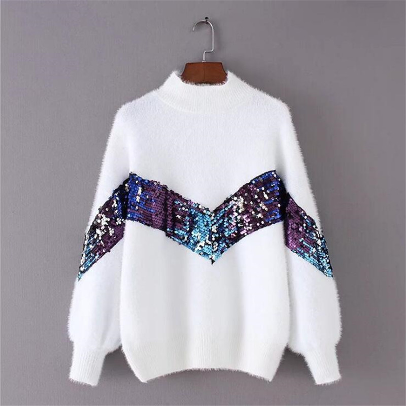 2020 New Women's Sweater Autumn And Winter New Fashion Half-high Collar Mohair Embroidery Sequins Lantern Sleeve Sweater