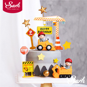 Engineering Construction Vehicle Decoration Traffic Sign Star Cake Topper for Birthday Party Baby Shower Baking Supplies Gifts