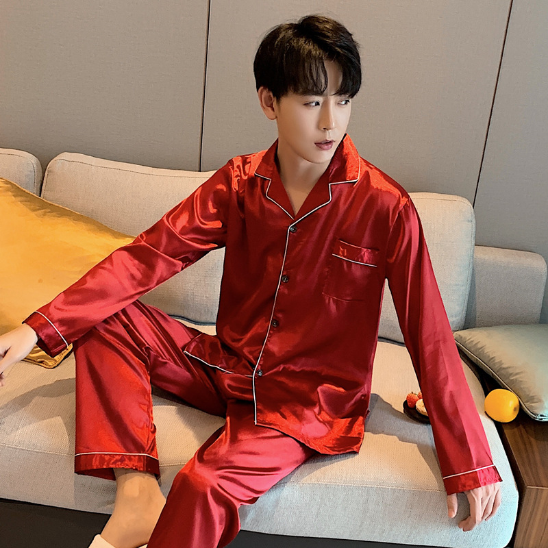 2021 New Spring Men's Stain Silk Pajama Set Luxury Casual Sleepwear Autumn Sexy Modern Style Soft Cozy Nightgown Home Clothing