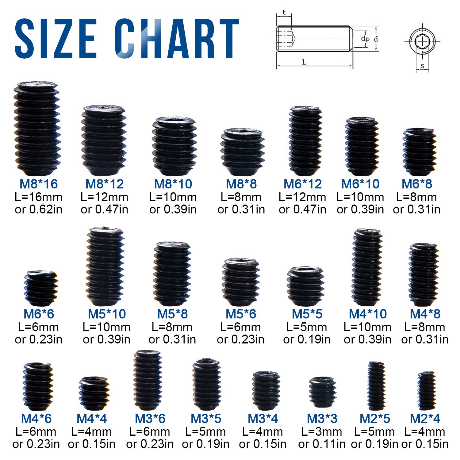 666pcs Set Screw Cup Point Grub Screw M2 M3 M4 M5 M6 M8 Hex Socket Set Screws Hexagon Headless Set Screw Grade 12.9 Carbon Steel