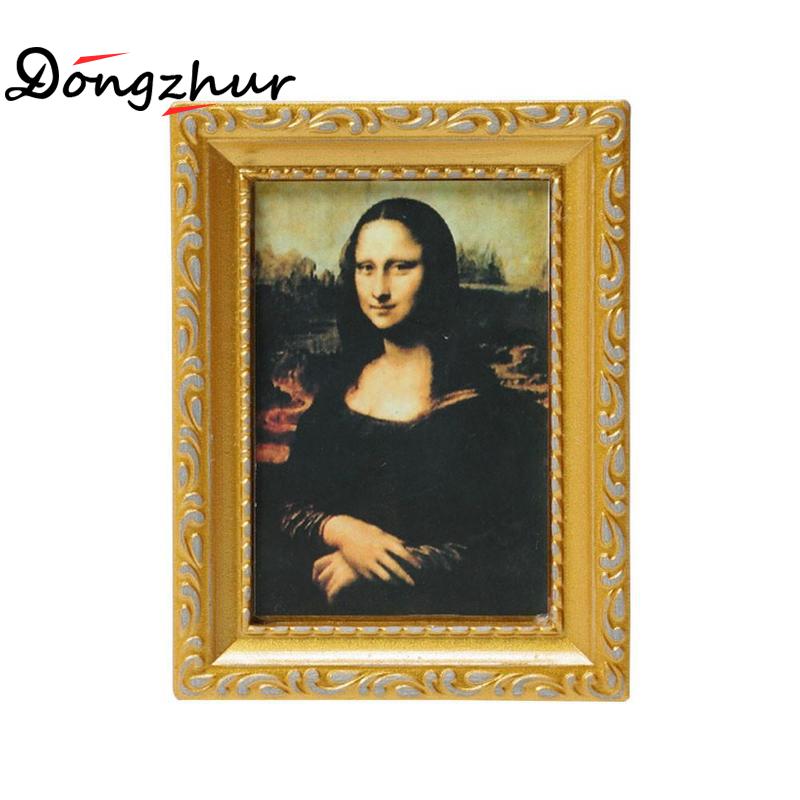 Dongzhur Dollhouse Miniature 1:12 Mini Decorative Accessories Antique Manny Frame Oil Painting Mona Lisa DIY Wooden Doll House