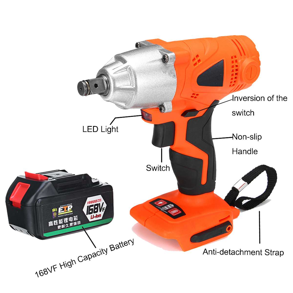 19800mah 168V Cordless Brushless Electric Wrench Stepless Speed Adjustable Electric Tool with LED Light Rechargeable Battery
